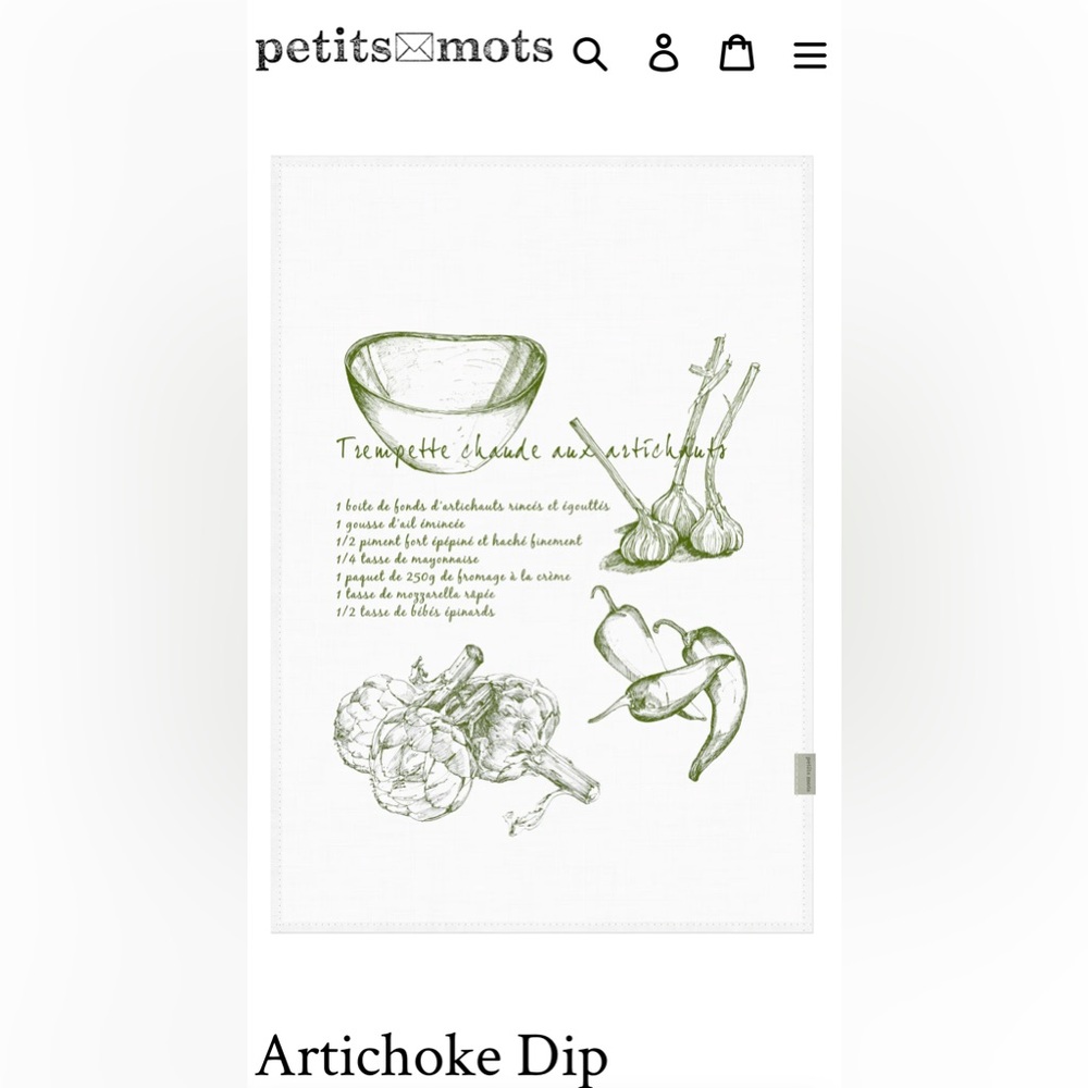 NIB Petits Mots Tea Towel (Artichoke Dip) Made in Canada